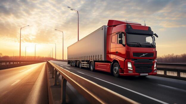 Home a cargo truck with a container is seen driving across a bridge while a semi truck with a cargo trailer follows closely behind photo